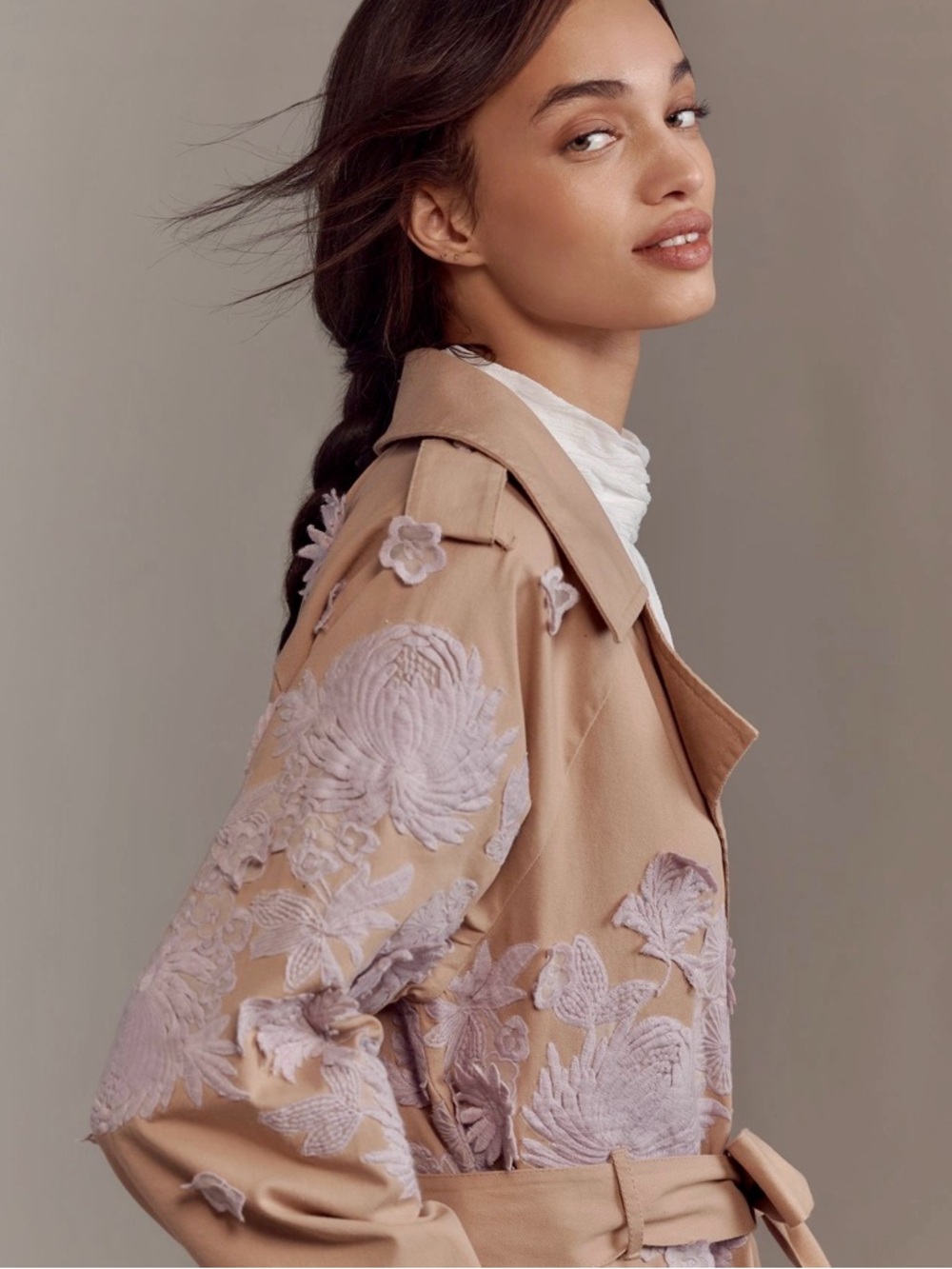 NWT Anthropologie Beige Trench Coat with Lilac Floral Appliqué - Picture 3 of 8